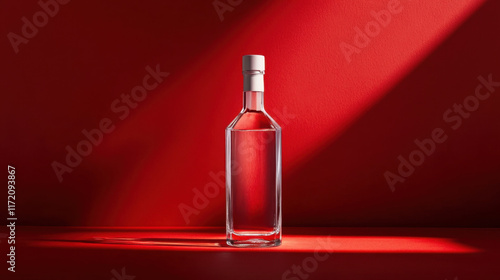 Wallpaper Mural clear glass bottle stands elegantly against vibrant red background, showcasing its sleek design and reflecting light beautifully. interplay of shadows adds depth and intrigue Torontodigital.ca