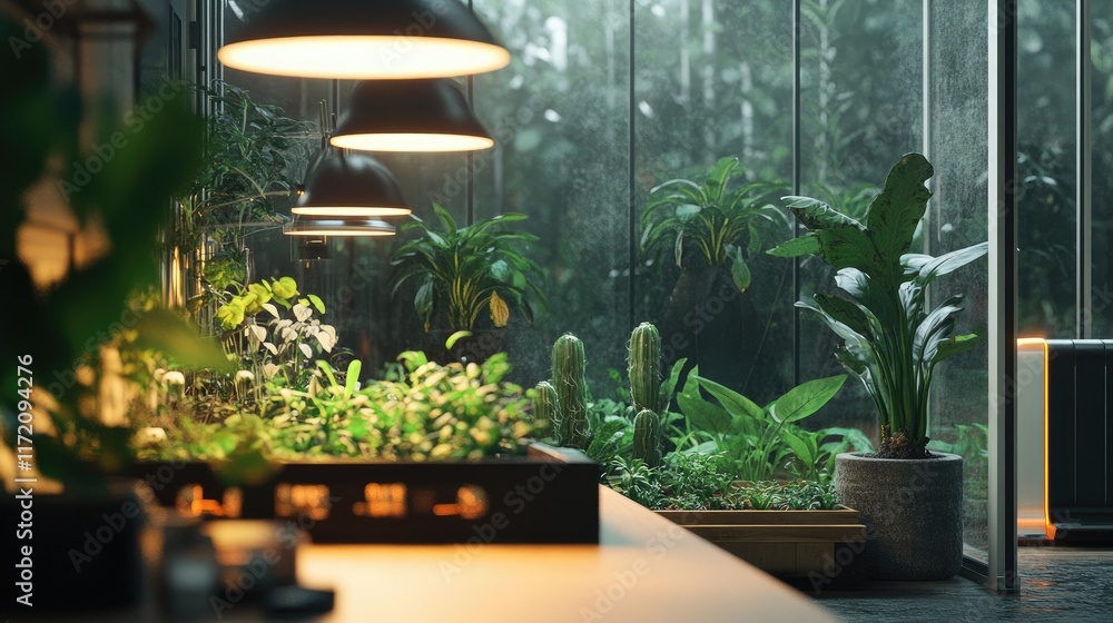 Futuristic greenhouse corner with smart lighting adjusted via voice. Futuristic greenhouse corner with smart lighting adjusted via voice.