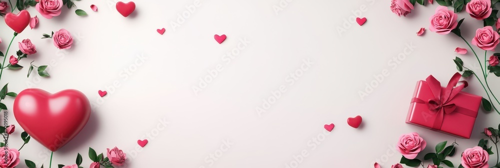 A romantic Valentine's Day background featuring a vibrant red heart surrounded by delicate pink roses, perfect for expressing love and affection. A romantic Valentine's Day background featuring a vibrant red heart surrounded by delicate pink roses, perfect for expressing love and affection.