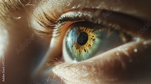 Close-up of a vibrant eye showcasing intricate colors and details.