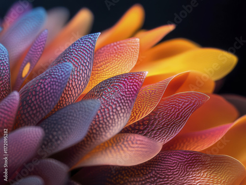 Vibrant close up of colorful petal patterns showcasing intricate textures and gradients. blend of hues creates stunning visual effect, evoking sense of beauty and nature artistry