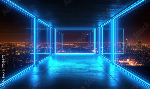 The city at night, with a blue holographic image line frame photo