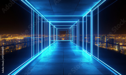 The city at night, with a blue holographic image line frame photo