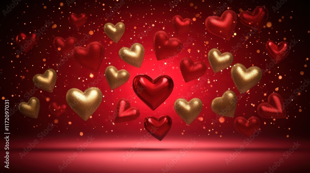Obraz premium Red hearts float gracefully against a vibrant background, symbolizing love and affection, perfect for celebrating Valentine's Day.
