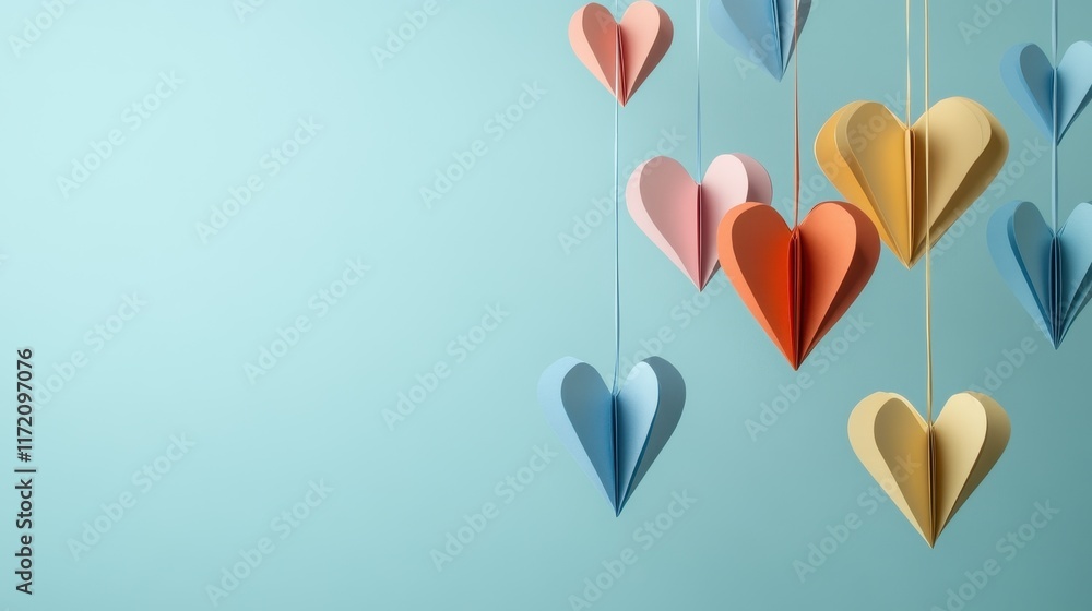 Pastel Paper Hearts Hanging Against a Light Blue Background Pastel Paper Hearts Hanging Against a Light Blue Background