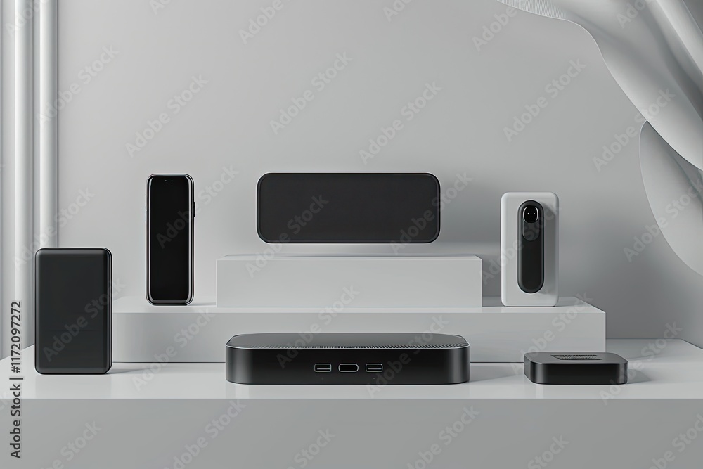 A modern display of various sleek electronic devices on a minimalistic pedestal. A modern display of various sleek electronic devices on a minimalistic pedestal.
