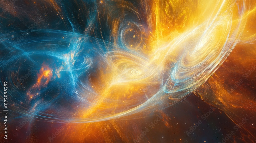 Magnetic fields and gravity waves interacting, visualized with electric blue and fiery orange tones, creating a surreal scientific backdrop. Magnetic fields and gravity waves interacting, visualized with electric blue and fiery orange tones, creating a surreal scientific backdrop.