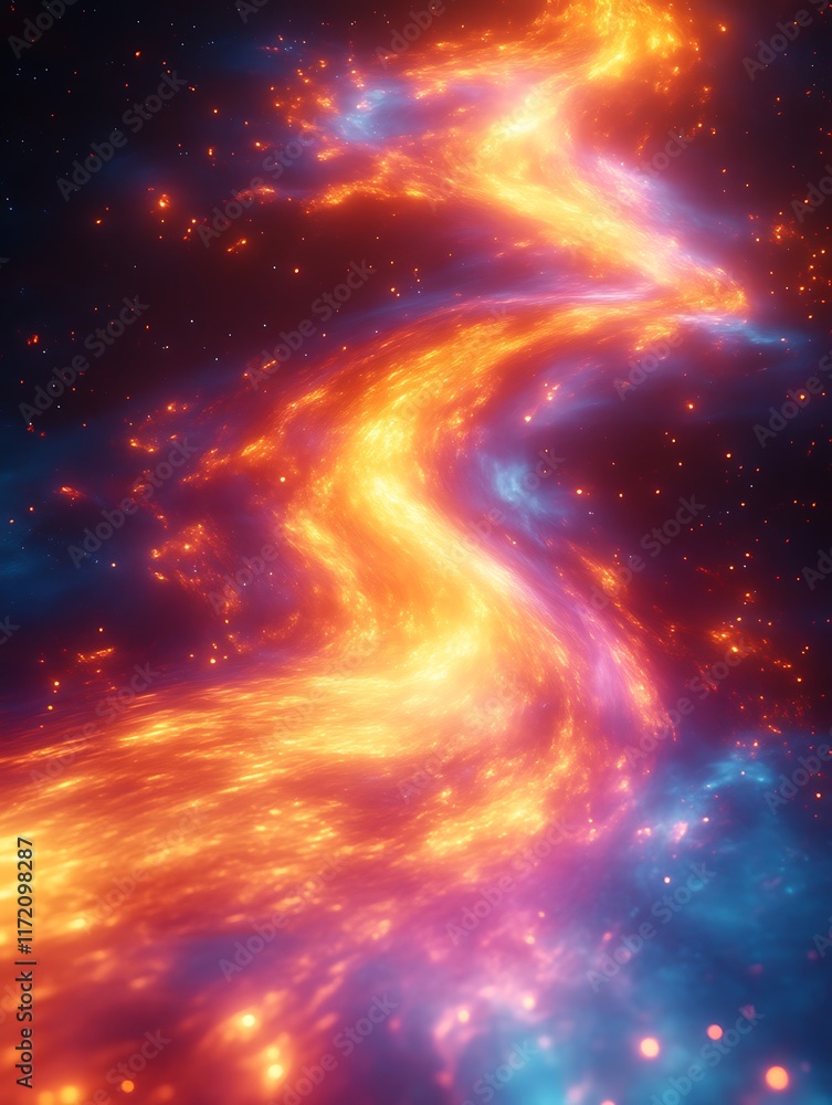 Naklejka premium Abstract cosmic energy flow, vibrant orange and blue hues.