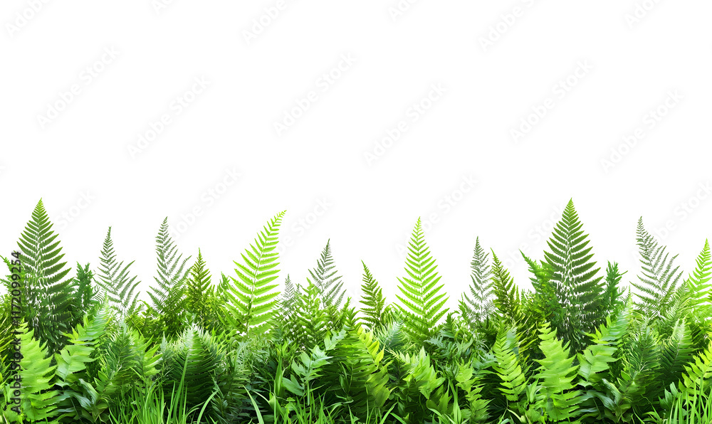 Fototapeta premium Lush green ferns border on black background.
