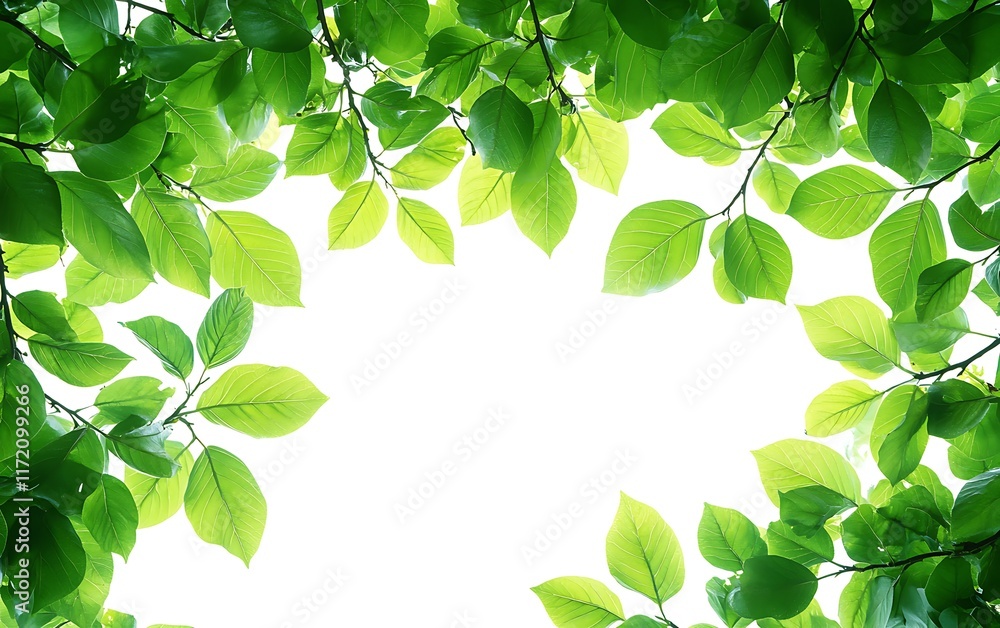 Fototapeta premium Lush green leaves frame, summer sunlight, nature background, ideal for spring designs.