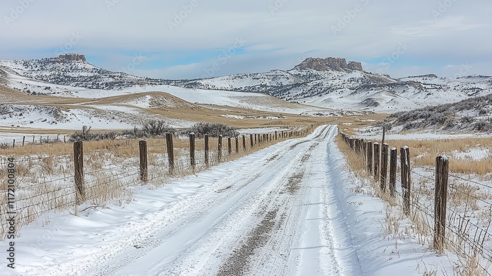 Snow-covered dirt road winds through a winter landscape, leading towards distant hills and a clear sky. Snow-covered dirt road winds through a winter landscape, leading towards distant hills and a clear sky.