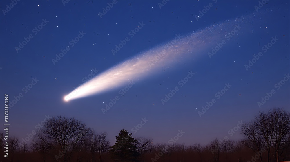 Bright comet streaks across a twilight sky above a silhouetted treeline. Bright comet streaks across a twilight sky above a silhouetted treeline.