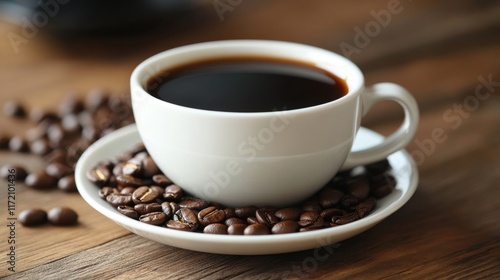 Freshly Brewed Black Coffee in a White Cup Surrounded by Coffee Beans on a Rustic Wooden Table Enhancing the Cozy Atmosphere of Morning Rituals