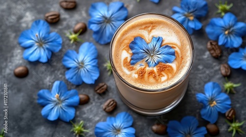 Beautiful Glass of Coffee with Artistic Cream Design Surrounded by Bright Blue Flowers and Coffee Beans on a Dark, Textured Surface