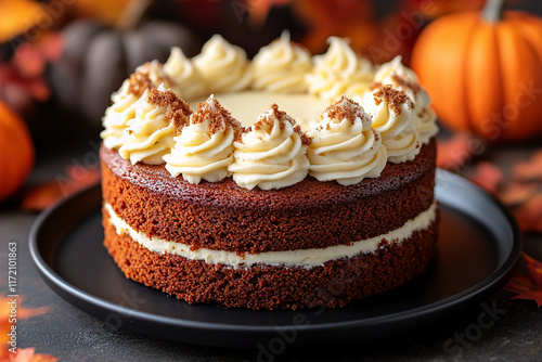 Wallpaper Mural A delicate pumpkin spice cake is served on a black plate. (Generative AI) Torontodigital.ca