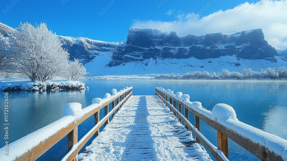 Snow-covered wooden pier extending to a serene, icy blue lake with snow-dusted trees and majestic mountains under a clear blue sky. Snow-covered wooden pier extending to a serene, icy blue lake with snow-dusted trees and majestic mountains under a clear blue sky.