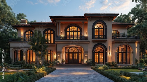 Luxury Mansion at Dusk: Architectural Marvel photo