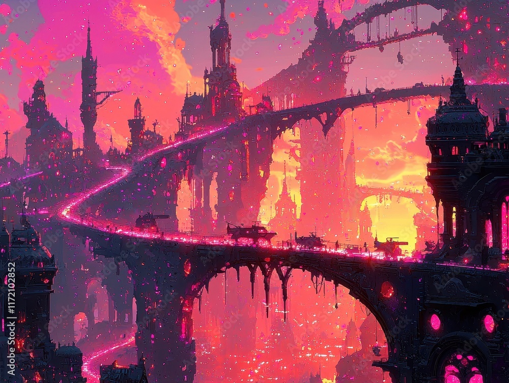 Naklejka premium A mystical archipelago of floating islands adorned with glowing flora and crystalline structures. Radiant bridges connect the islands, and streams of liquid light flow from their edges into 