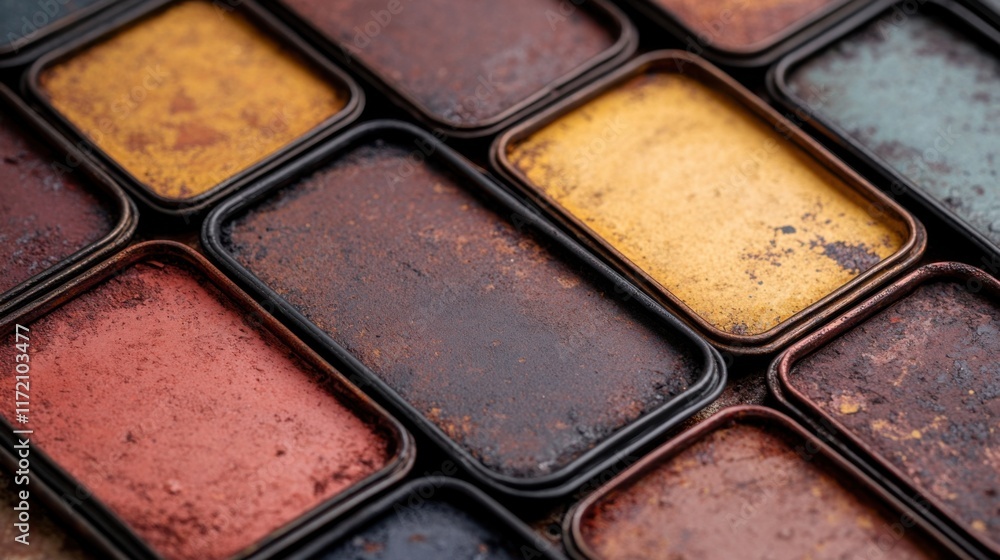 Fototapeta premium Close-Up View of Colorful Artist Paints Organized in Metal Trays on a Rustic Surface for Creative Inspiration and Artistic Projects