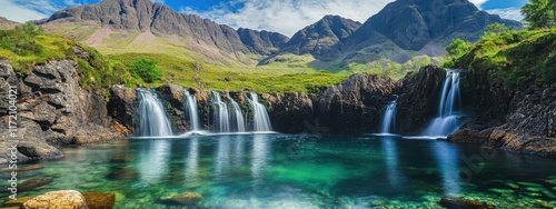 A stunning shot of the elusive and remote Fairy Pools on the Isle of Skye, Scotland, with their crystal-clear waters and cascading waterfalls set against the backdrop of the Cuillin mountains © Fidel