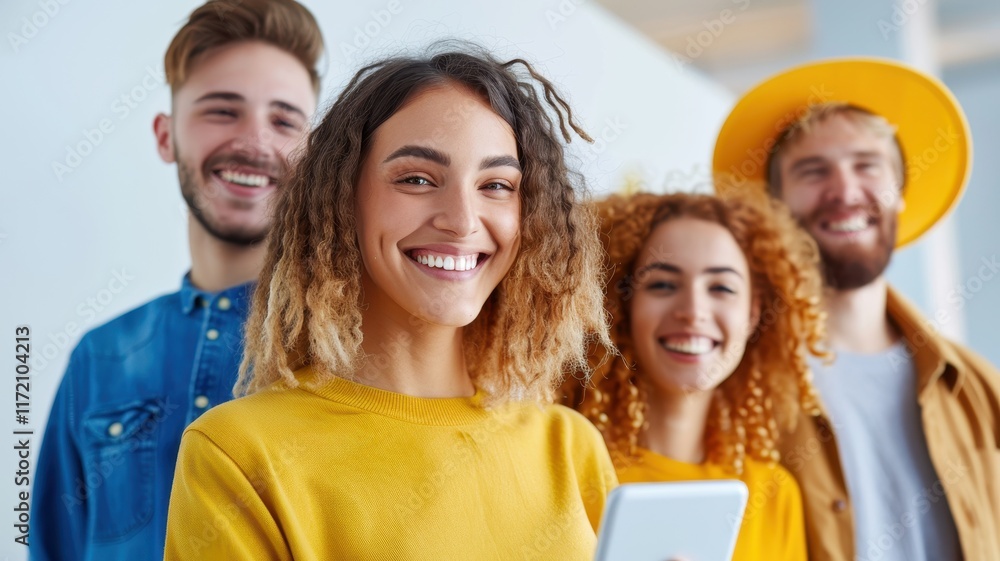 Obraz premium A cheerful group of four young adults stands together, smiling, with a modern background and a tablet, showcasing friendship and positivity.