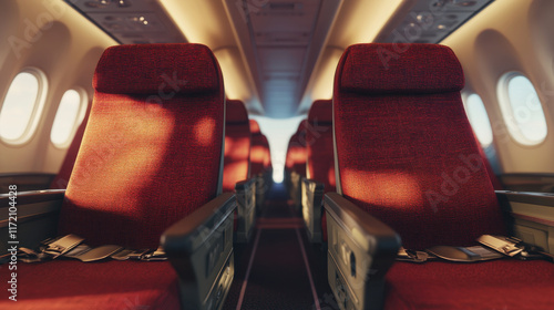 Aisle view of empty airplane seats with red fabric upholstery, showcasing modern interior design and warm lighting. Ideal for travel related themes photo