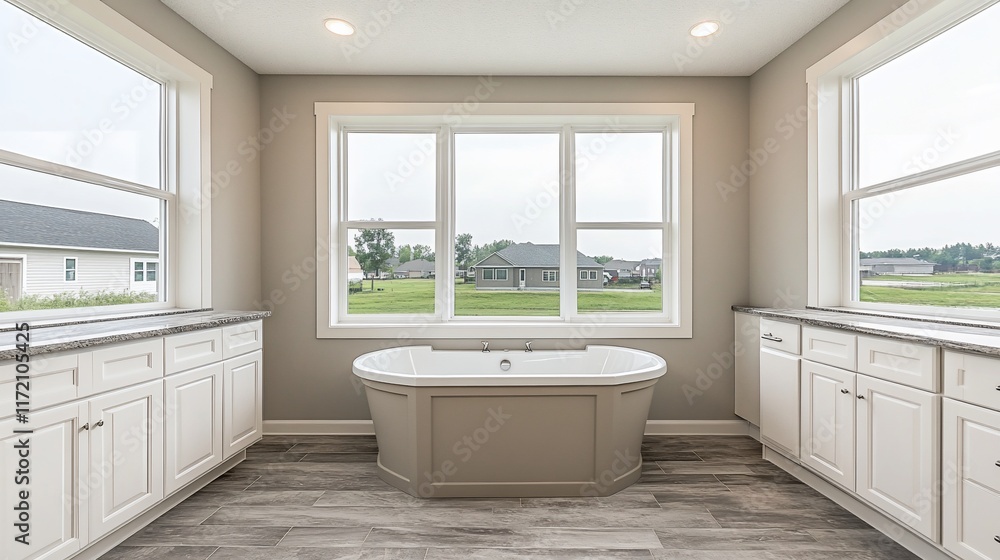 Fototapeta premium Modern, spacious, light-filled bathroom with large windows overlooking a grassy landscape, featuring a freestanding soaking tub and white cabinets.