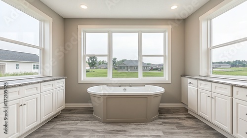Wallpaper Mural Modern, spacious, light-filled bathroom with large windows overlooking a grassy landscape, featuring a freestanding soaking tub and white cabinets. Torontodigital.ca
