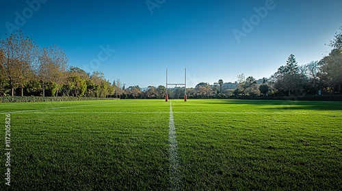 Rugby field, goalposts, clear sky, green grass, trees.