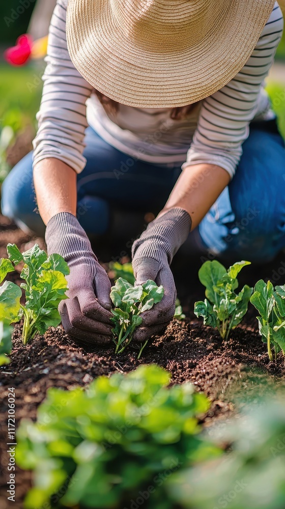 Fototapeta premium Gardener Planting Seeds in Community Garden Beside Chapel