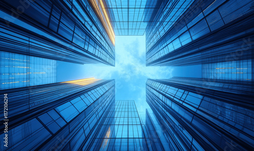 Looking up at modern architecture, blue glass curtain walls