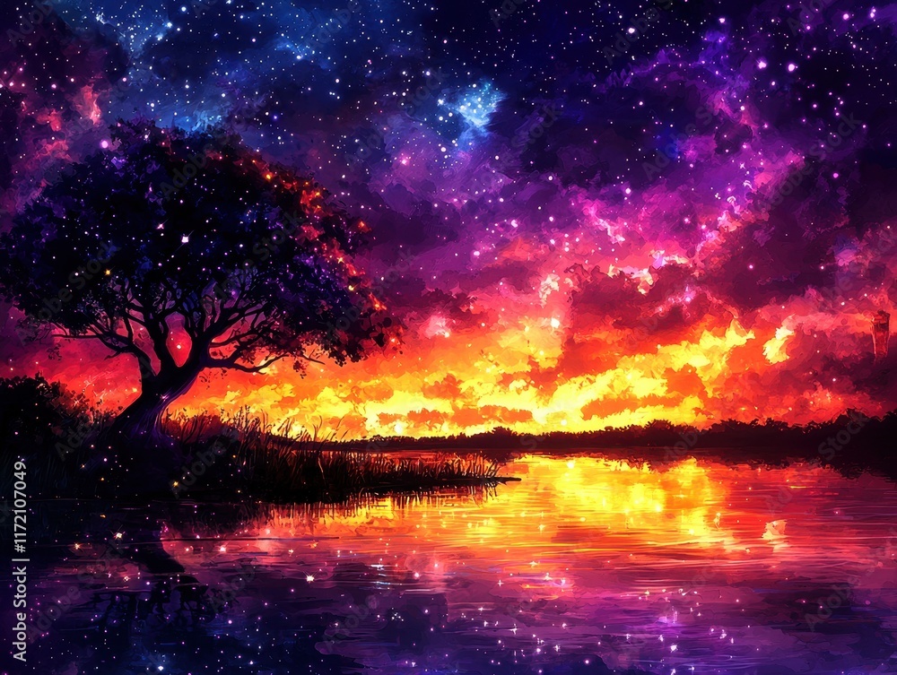 Obraz premium A serene island glowing under a twilight sky filled with vibrant stars. The island is home to a colossal glowing tree, its branches stretching high into the heavens, casting light over the radiant 