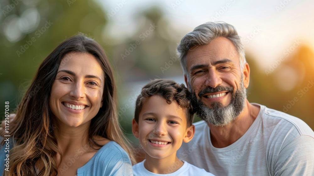 A joyful family portrait showcasing a woman, a man, and a young boy smiling together in a natural outdoor setting. A joyful family portrait showcasing a woman, a man, and a young boy smiling together in a natural outdoor setting.
