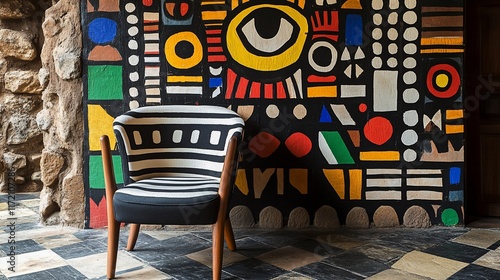 Modern chair against vibrant geometric mural.