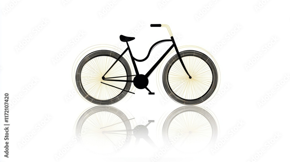 A minimalist illustration of a black bicycle with white wheels and a reflective surface. A minimalist illustration of a black bicycle with white wheels and a reflective surface.