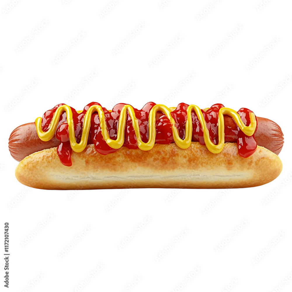 Hot dog with ketchup and mustard isolated on white background. Suitable for marketing or business purposes. PNG file Hot dog with ketchup and mustard isolated on white background. Suitable for marketing or business purposes. PNG file