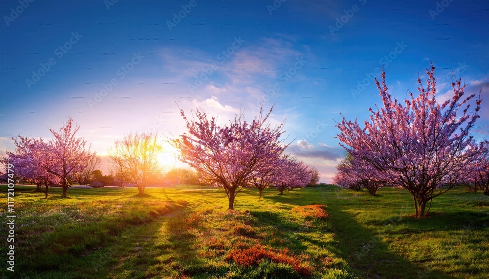 Blooming Trees, sunset in the mountains, Nature's Beauty, Blooming Trees and Sunset Glow Blooming Trees, sunset in the mountains, Nature's Beauty, Blooming Trees and Sunset Glow