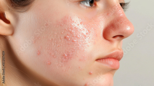 Young woman with skin problems, showing acne and blemishes on her face. close up highlights texture and redness of skin, conveying sense of vulnerability and concern