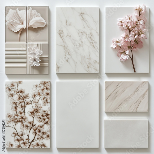 moodboard of 6 tiles, very white plain tiles, rectangular and square, different sizes, tiles with no lines or strips, no marble, elegant beige and brown decoration, pink flowers decoration