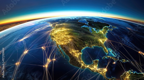 Globe with digital trade routes and nodes, network connection, international trading  photo