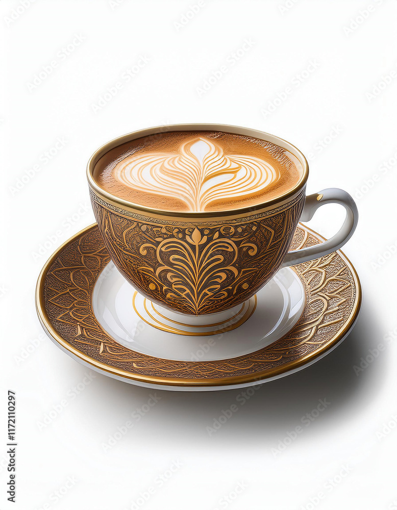 An ornate porcelain coffee cup with gold trim contains a perfectly crafted latte featuring a delicate leaf pattern in the foam. An ornate porcelain coffee cup with gold trim contains a perfectly crafted latte featuring a delicate leaf pattern in the foam.
