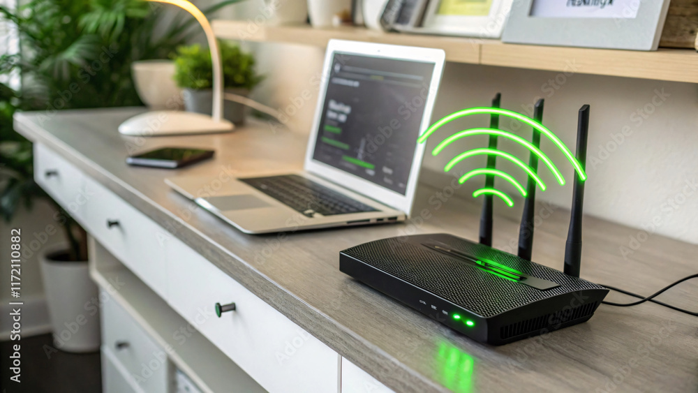 Naklejka premium Modern workspace with laptop, router, and smartphone, showcasing technology and connectivity
