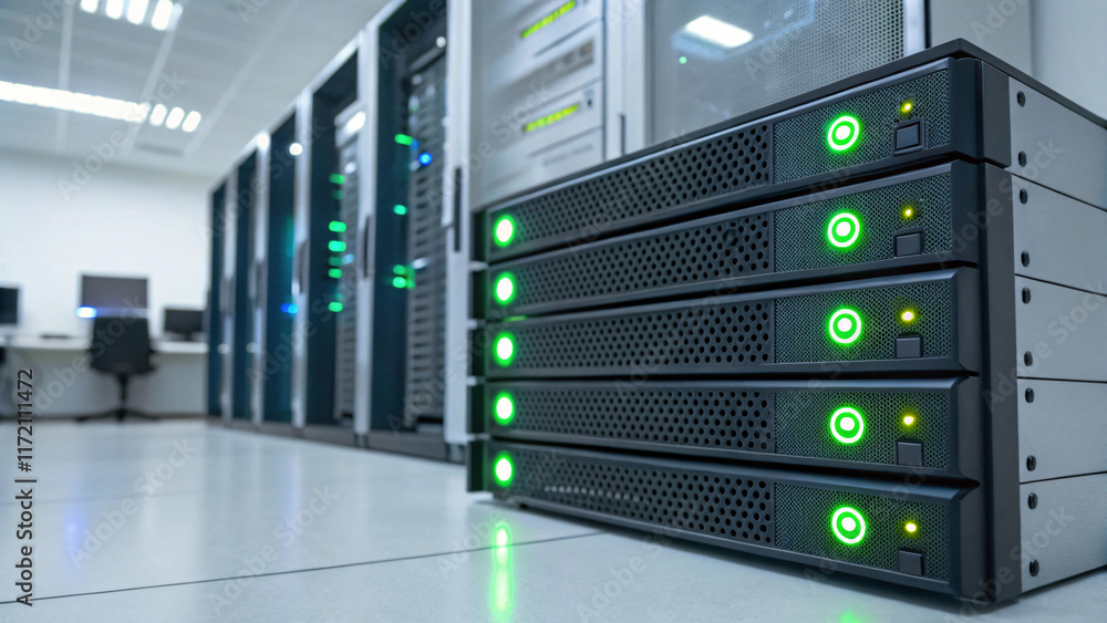 High tech server room with illuminated data storage units and servers High tech server room with illuminated data storage units and servers