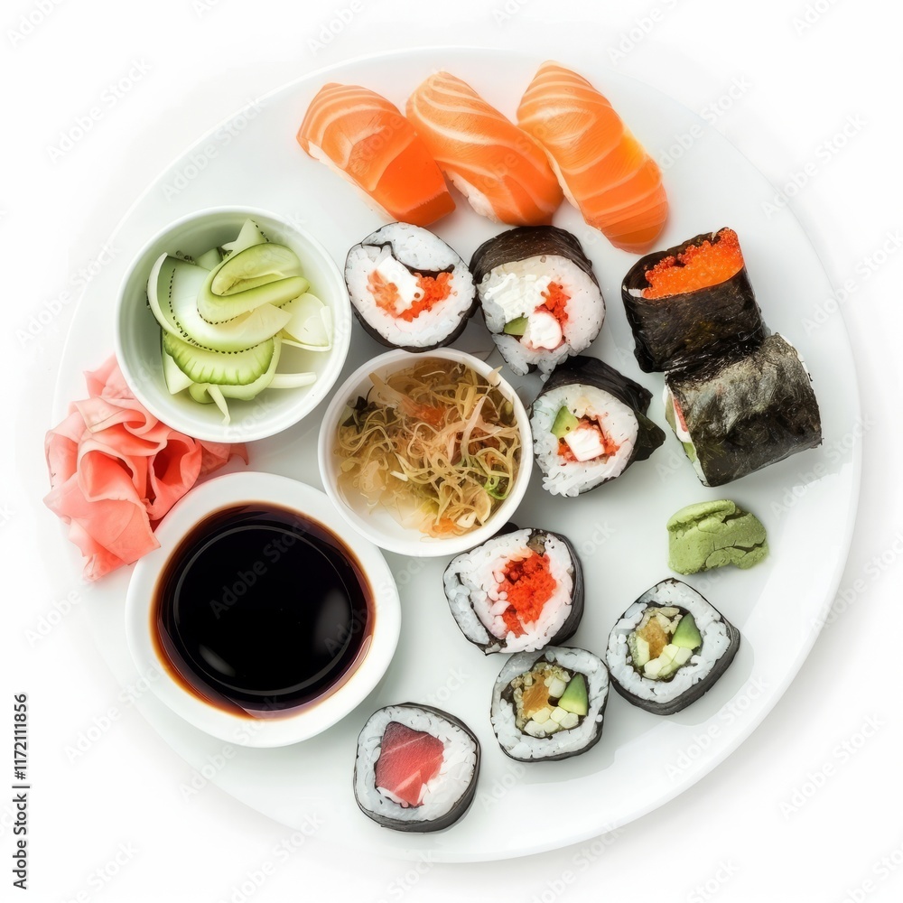 A plate of sushi with colorful ingredients, isolated in white, white background A plate of sushi with colorful ingredients, isolated in white, white background
