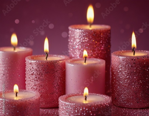 pink sparkly candles in glitter on pink background for valentines day photo