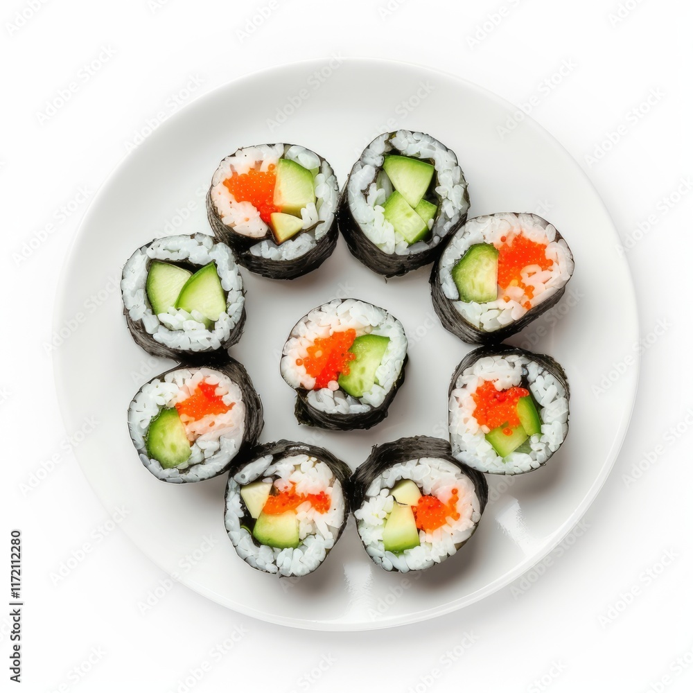 A plate of sushi with colorful ingredients, isolated in white, white background A plate of sushi with colorful ingredients, isolated in white, white background
