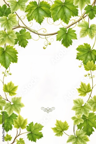 Decorative frame with green grape leaves and tendrils on white background, copy space