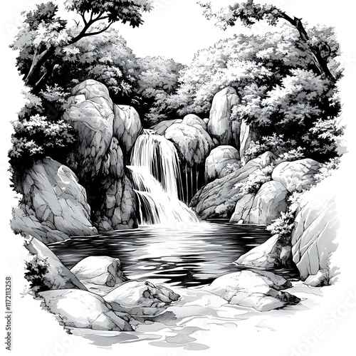 Monochrome Illustration of a Serene Waterfall Cascading Through Rocky Terrain and Lush Foliage.