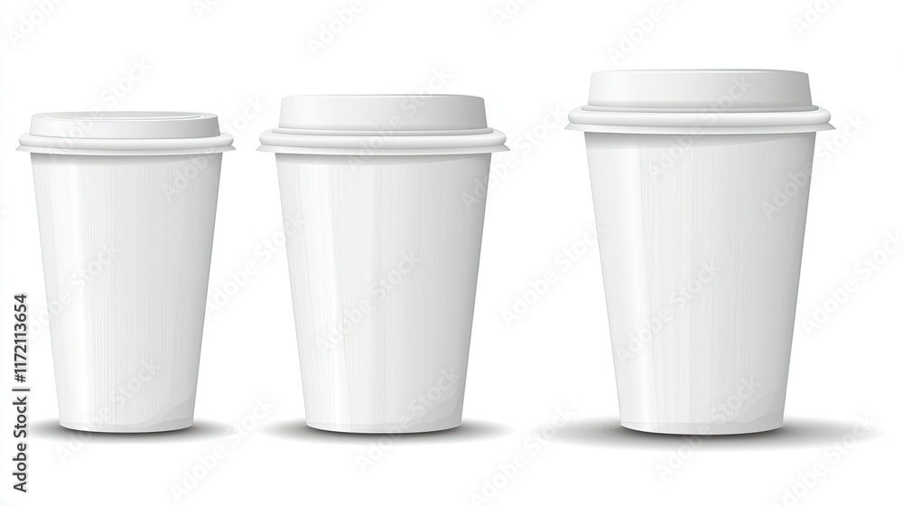 Three white disposable cups of varying sizes, typically used for beverages. Three white disposable cups of varying sizes, typically used for beverages.