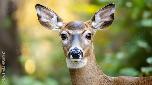 Close-up deer portrait, forest backdrop, wildlife encounter photo